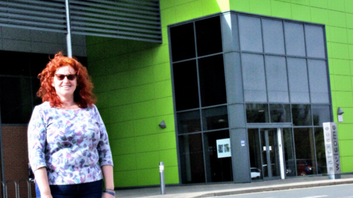 Cllr Karen Holmes outside Perdiswell Leisure Centre